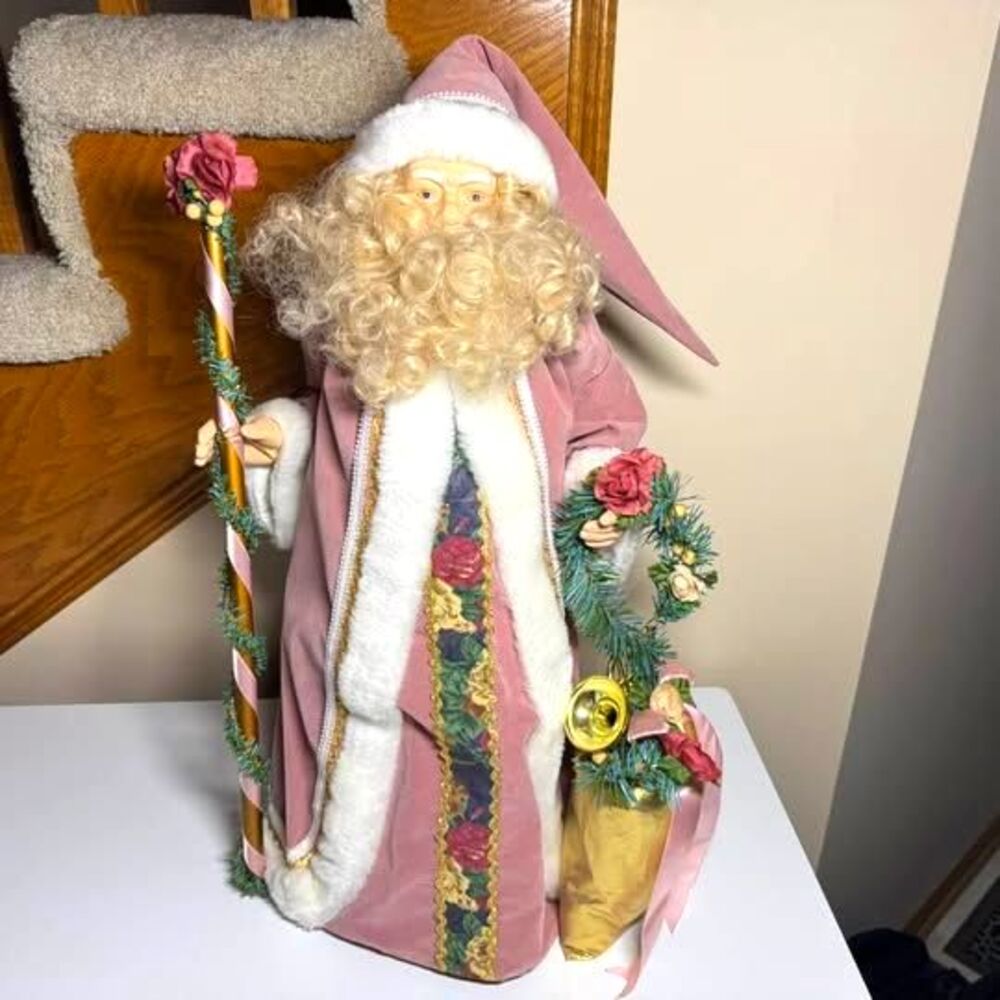 24" Santa Claus Figurine Mauve Rose Floral Staff Wreath Christmas Decor